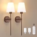 Shenmoyl Battery Operated Wall Sconces Set of 2, Iron Frame with Walnut Tone Paint, 6000 mAh Rechargeable Bulb Dimmable Wall Lamp for Living Room Bedroom