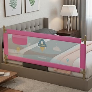 baybee baby bed rail guard 150x63cm bedrail for baby toddlers safety portable kids bedrail safeguard fence with adjustable height  foldable single side bed protector for newborn babies pink