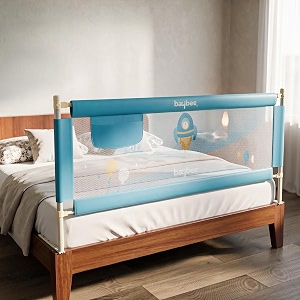 baybee baby bed rail guard 150x63cm bedrail for baby toddlers safety portable kids bedrail safeguard fence with adjustable height  foldable single side bed protector for newborn babies blue