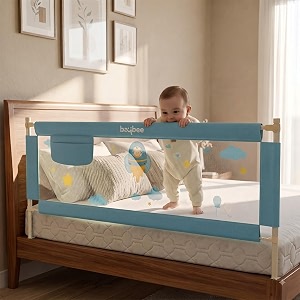 baybee baby bed rail guard 180x63cm bedrail for baby toddlers safety portable kids bedrail safeguard fence with adjustable height  foldable single side bed protector for newborn babies blue