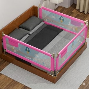 baybee baby bed rails guard 150x63 cm bedrail for baby kids safety portable bed rail falling protector fence with adjustable height foldable bed rails for newborn pack of 3 pink