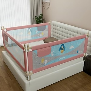 baybee baby bed rails guard 180x63 cm bedrail for baby kids safety portable bed rail falling protector fence with adjustable height foldable bed rails for newborn pack of 3 pink