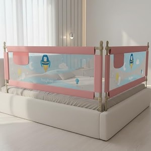 baybee baby bed rails guard 180x63 cm bedrail for baby kids safety portable bed rail falling protector fence with adjustable height foldable bed rails for newborn pack of 2 pink