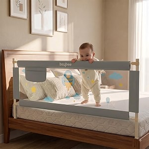baybee baby bed rails guard 180x63 cm bedrail for baby kids safety portable bed rail falling protector fence with adjustable height foldable bed rails for newborn pack of 2 grey
