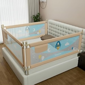 baybee baby bed rails guard 180x63 cm bedrail for baby kids safety portable bed rail falling protector fence with adjustable height foldable bed rails for newborn baby kids pack of 3 beige