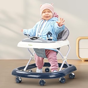 baybee bumble foldable round kids walker with 3 height adjustable musical toy tray  activity walker for babies 6-18 months boys girls dark blue