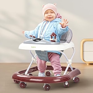 baybee bumble foldable round kids walker with 3 height adjustable amp musical toy tray  activity walker for babies 6-18 months boys girls brown