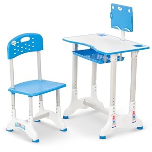 baybee height adjustable powder coated study table and chair set for kids 2 years boys amp girlsergonomic desk with book holderstorage drawer amp footrestperfect for readingwriting amp studying blue