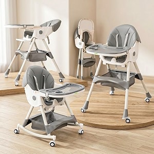 baybee 3 in 1 convertible high chair with adjustable height rocking function amp footrest  baby feeding booster seat with tray wheels safety belt and cushion  for boys amp girls 6 months to 3 years liora grey
