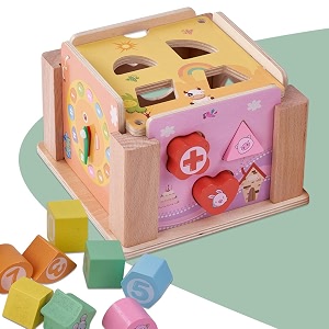 baybee wooden colorful intelligence box for kids  montessori shape sorting amp matching toy with 5 panels amp clock  early learning educational toy for toddlers 3 years