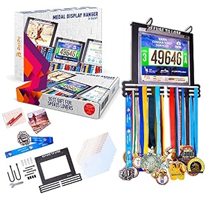 race medal display holder - wall medals hanger with race bibs 8x9 in  award rack for running spartan marathon athlete soccer cheer gymnastics  3 sturdy metal bars holds 200 awards