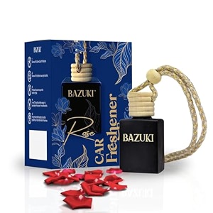 bazuki car perfume hanging pod 10 ml  rose car air freshener with natural essential oils  black glass bottle  wooden diffuser  long lasting car hanging perfume up to 60 days