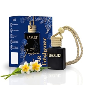 bazuki car perfume hanging pod 10ml  frangipani essential oil car air freshener  refillable black glass bottle with beechwood lid  long lasting floral scent up to 60 days  leak-proof amp stylish