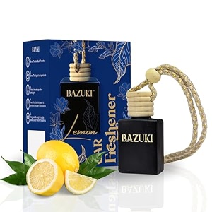 bazuki car perfume hanging pod 10 ml  lemon scent car air freshener  black glass bottle with wooden diffuser lid  natural essential oil  long-lasting fragrance car hanging freshener