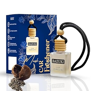 bazuki car perfume hanging pod 10 ml  jasmine car air freshener  white glass bottle with wooden diffuser cap  natural essential oil  long lasting up to 60 days  refillable amp leak-proof design