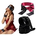 BDSM Adjustable Leather Handcuffs with Buckle Closure and Satin Bandage Blindfold Eye Mask Party Supplies for Adult Lover Couples Game
