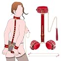 BDSM Adult Sex Toys for Couples - Premium Leather Neck to Wrist Kit with Handcuffs, Collar &amp; Traction Chain with Soft Faux Fur, Nipple Clamps | Universal Size Bondage Gear Accessories for Couple Kinky