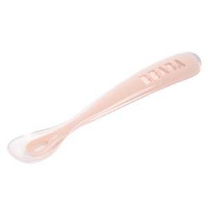 beaba 1st stage silicone spoon - baby led weaning self feeding training spoon with ultra soft tip gum friendly ergonomic handles bpa free cotton candy 4 months