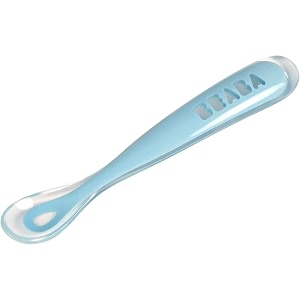 beaba 1st stage silicone spoon - baby led weaning self feeding training spoon with ultra soft tip gum friendly ergonomic handles bpa free pebble 4 months