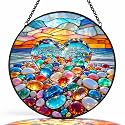Beach Heart Window Hanging Suncatcher, 7.8" Stained Glass Sun Catcher, Home Wall Garden Decor, Mother's Day Birthday