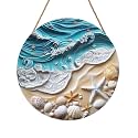 Beach Signs Coastal Coral Wreath for Front Door Hello Summer Door Hanger Nautical Sea Welcome Sign Ocean Starfish Theme Decorations Wooden Plaque for Indoor Wall Hanging Outdoor Outside Porch 12"x12"