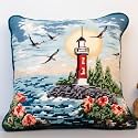 Beach View Lighthouse Latch Hook Kits Pillow Cover DIY Rug Crochet Hook Cushion Making Kits with Preprinted Pattern Canvas Rug Making Christmas Decoration DIY Crochet Kits 43x43cm(72)