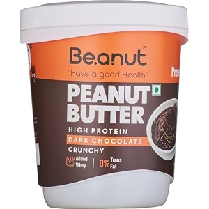 beanut peanut butter high protein dark chocolate crunchy peanut butter with added whey chocolate crunchy non gmo gluten free vegan and cholesterol free dark chocolate 1 kg pack of 1