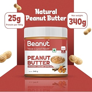 beanut jaggery creamy peanut butter  100 pure roasted peanuts  non-gmo gluten amp cholesterol free  vegan high in protein  340gm  peanut butter