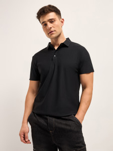 the bear house solid men polo neck black t-shirt