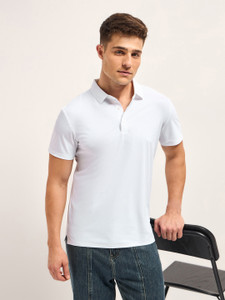 the bear house solid men polo neck white t-shirt