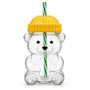 bear shaped glass cup with straw amp lid 400ml borosilicate glass tumbler cute teddy bear sipper for iced coffee boba tea reusable leakproof drinking cup for women amp girls yellow