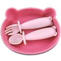 Bear Silicone Baby Bowl Suction Baby Spoon and Fork for Babies 6 months+ Suction Bowls for Baby Utensils 6-12M+ BLW Essentials Must Haves (Hibiscus)