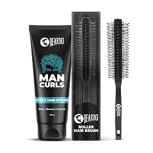 beardo man curls curly hair styler 100g amp roller hair brush  curly hair cream for bouncy shiny amp defined curls  perfect tool for efficient blow drying adding curl  control frizz amp wavy hair easily  set of 2