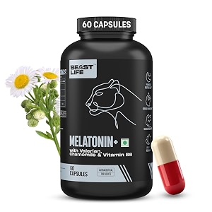 beastlife melatonin plus 5mg capsules with valerian chamomile amp vitamin b6  sleep support supplement for deep sleep natural sleeping aid non-habit forming night rest formula  relieves stress amp anxiety  enhances relaxation amp focus  60 capsules
