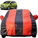 Beat Dustproof Car Cover with Mirror Pockets, Red Blue Stripes, Taffeta Polyster,Triple Stitched, Compatible with Chevrolet Beat Car Cover (2008 to 2017), Beat Car Accessories