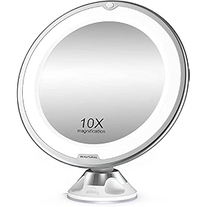 beautural makeup mirror 10x magnifying lighted vanity daylight white led portable illuminated bathroom mirror 360 degree swivel rotation and locking suction framed round wall mount