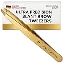 Beauty Power Tweezers for Women Facial Hair: Ultra Precision Tweezers for Women &amp; Men, Sharp Slant Tweezer for Eyebrows, Ingrown Hair Removal. Professional Plucker + Case, German Stainless Steel Gold
