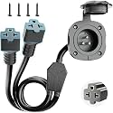 BEBOBLY 20 Amp AC Port Plug, 125V Power Inlet Socket with 5-in-1 T-Blade Adapter, Integrated Dual 18" Extension Cord & Waterproof Cover, Flanged Generator Inlet Plug for RV Boat Electrical Connections