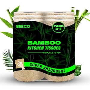 beco- 2 ply kitchen towel rolls  360 pull 60 pulls x 6 roll  super absorbent 100 ecofriendly- pure bamboo pulp  chemical free paper tissue pack of 6
