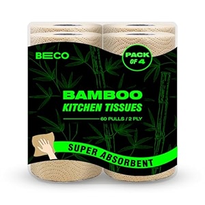 beco bamboo -2 ply kitchen tissuetowel roll  240 pulls 60 pulls x 4 rolls  100 eco-friendly - pure bamboo pulp soft amp super absorbent  food safe amp chemical free tissue papers