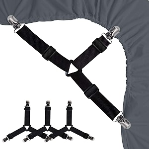 bed sheet holders straps fasteners - 4 pcs triangle sheet fasteners fitted sheet corner holder elastic adjustable band sheet holders clip suspenders grippersblack