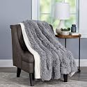 Bedford Home 60x70 Pewter Faux Fur Blanket - Long Pile Rabbit Sherpa Back-Luxurious, Soft &amp; Hypoallergenic Throw Blankets for Bed, Couch Decor (Gray)