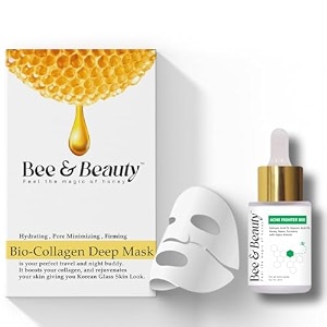 bee amp beauty bio-collagen deep mask and acne fighter bee face serum combo  ultimate hydrating collagen mask with hyaluronic acid  pore minimizing oil controlling amp dark spot reduction
