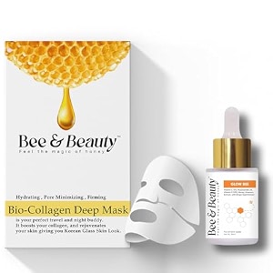 bee amp beauty bio-collagen deep mask and glow bee face serum combo - 30ml  high potency vitamin c serum for even skin tone  with honey aloe vera and grape seed extract - all skin types