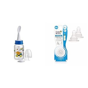 beebaby gentle 2 in 1 feeding bottle with plastic feeder spoon amp comfort anti - colic medium flow slim neck nipples with carry case 125 ml blue