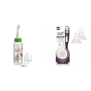 beebaby gentle 2 in 1 feeding bottle with plastic feeder spoon amp comfort anti - colic fast flow slim neck nipples with carry case 250 ml green
