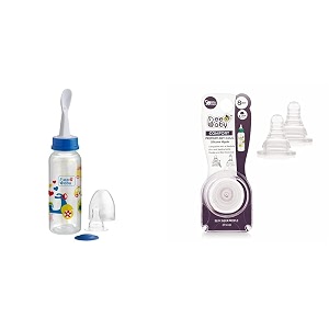 beebaby gentle 2 in 1 feeding bottle with plastic feeder spoon amp comfort anti - colic fast flow slim neck nipples with carry case 250 ml blue