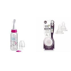 beebaby gentle 2 in 1 feeding bottle with plastic feeder spoon amp comfort anti - colic fast flow slim neck nipples with carry case 250 ml pink
