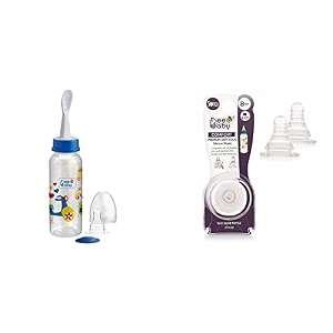 beebaby gentle 2 in 1 feeding bottle with plastic feeder spoon amp twin handle hard spout sipper 250 ml 180ml pink blue