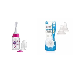beebaby gentle 2 in 1 feeding bottle with plastic feeder spoon amp comfort anti - colic medium flow slim neck nipples with carry case 125 ml pink